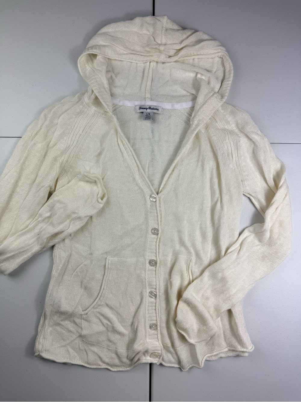 Tommy Bahama linen Cream Hooded Button-Front Sweater